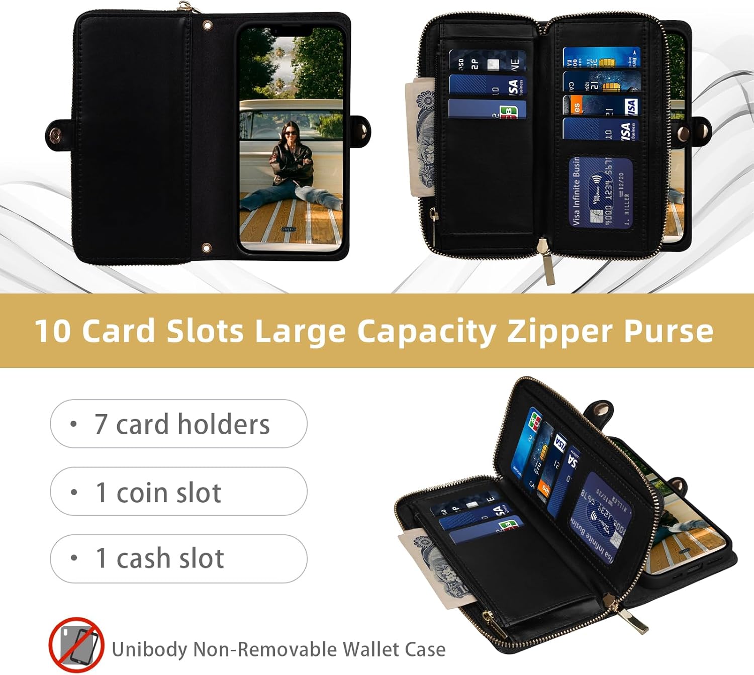 Rssviss Crossbody Case for iPhone 16e 2025 Case Wallet, RFID Blocking Leather Case with Card Holder Kickstand, Handbag Zipper Flip Cover with Wrist Strap for iPhone 16e Men Women 6.1", Black - Image 2