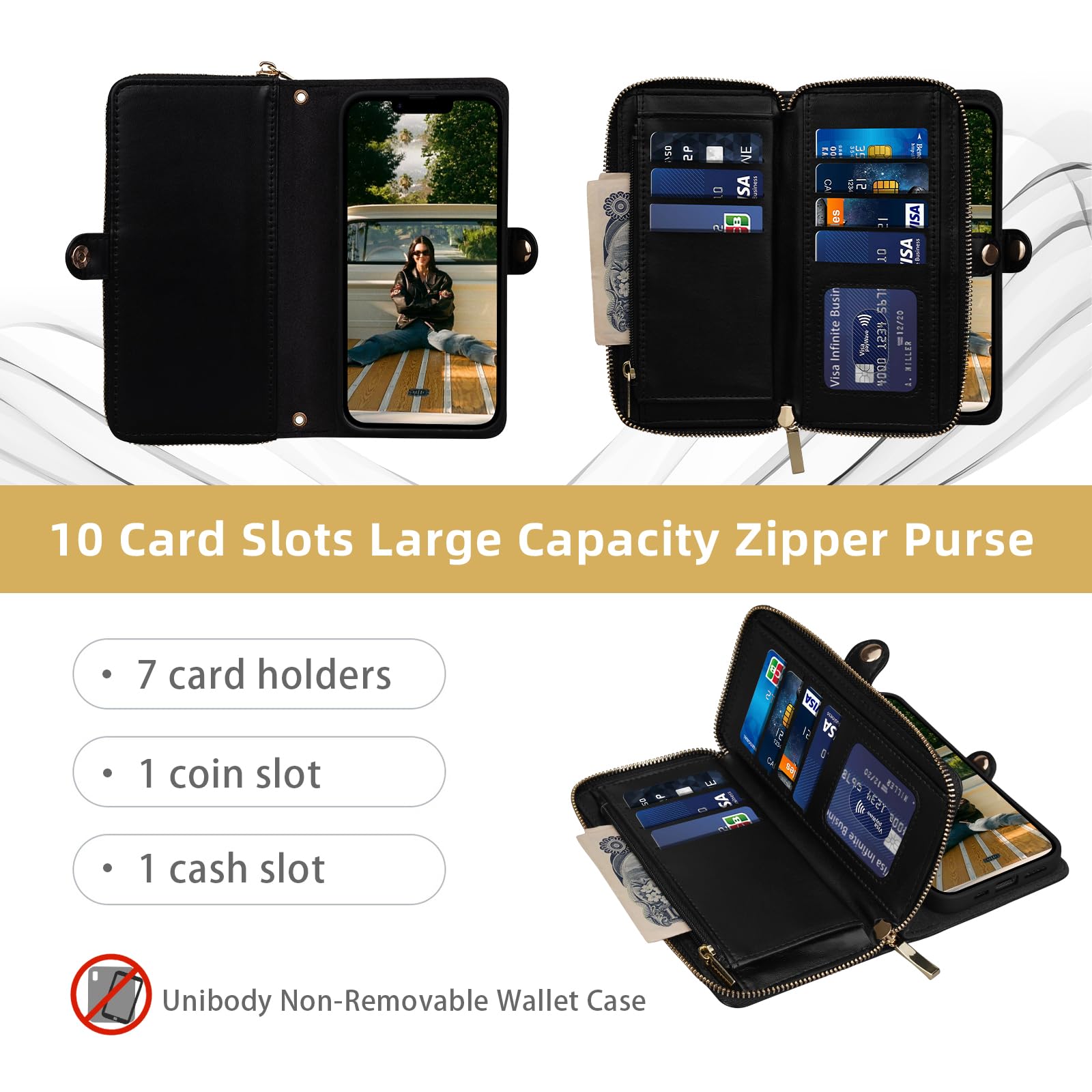 Rssviss Crossbody Case for iPhone 16e 2025 Case Wallet, RFID Blocking Leather Case with Card Holder Kickstand, Handbag Zipper Flip Cover with Wrist Strap for iPhone 16e Men Women 6.1