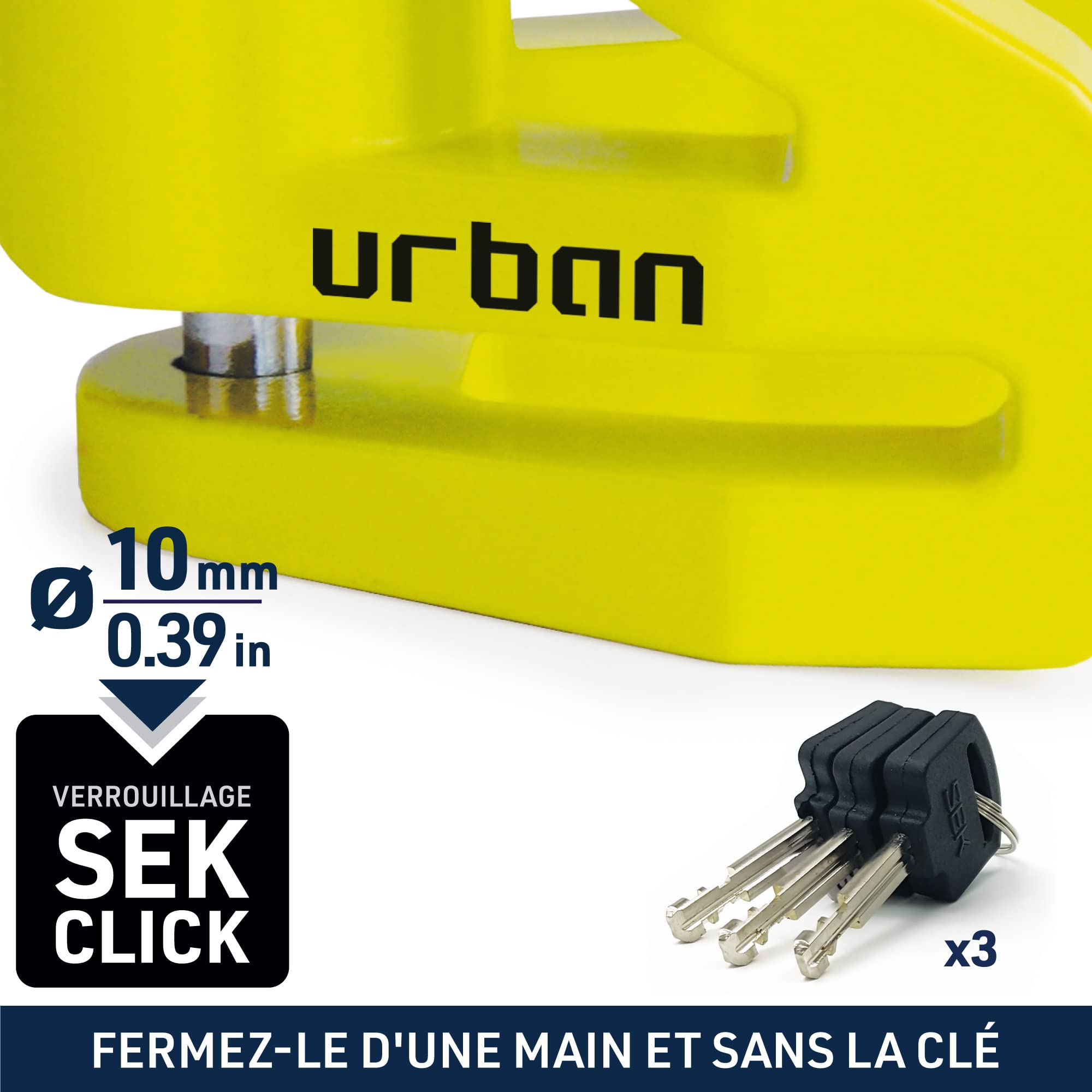 URBAN UR208Y Antivol Bloque Disque Moto, Plus Visible Plus Dissuasif, ø10mm Design Léger et Robuste, Sécurité Compacte et Efficace, Bloc Disque Frein pour Moto, Scooter, Velo, Trottinette Electrique