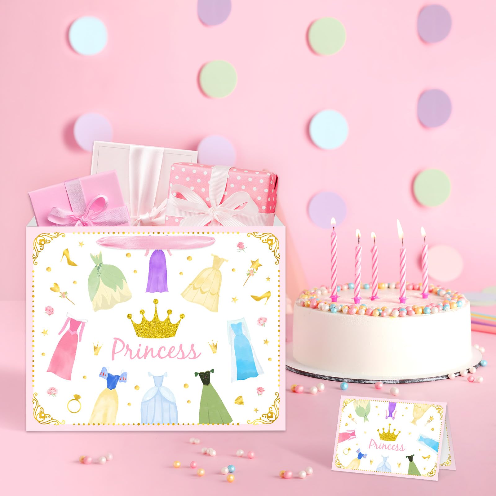 Reyoust 13” Large Princess Themed Gift Bags With Handles and Pink Wrapping Paper Greeting Card Crown Dress Design Gift Bag for Girls Birthday Party Baby shower Decor 1Pcs 13" L x 10.2" H x 4.9" W