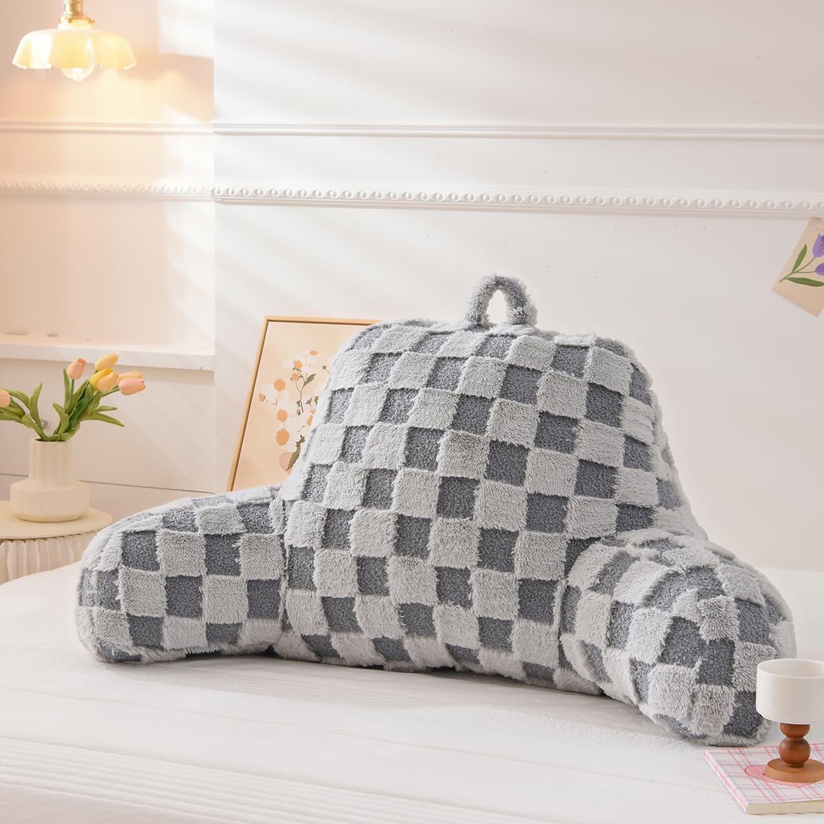 Holawakaka Checkered Reading Pillow for Bed and Sofa Couch Sitting Up, Backrest Pillows with Arms for Kids Teens Adults, Back Support Cushion for Lounging, Watching TV, Working on Laptop, Light Grey