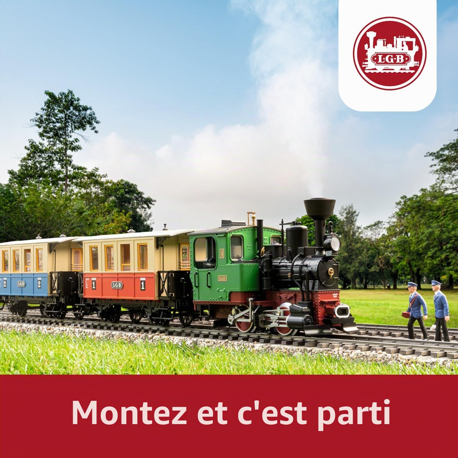LGB 70307 Kit de démarrage de Train de Voyageurs – L70307 – Train de Jardin Miniature avec Locomotive et Deux Wagons, Chemin de Fer extérieur, Voie G, 85 x 12 x 16 cm