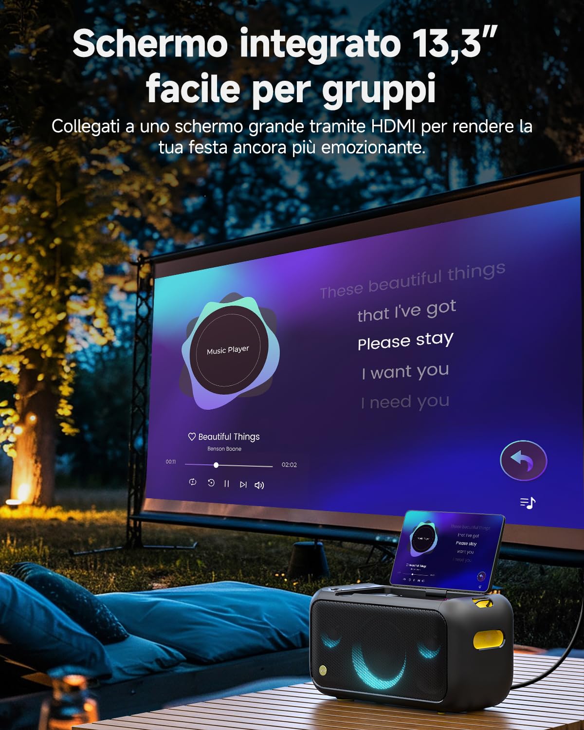 Ikarao Break X1 Macchina Karaoke con Schermo Touch 13,3", Altoparlante Bluetooth 800W, 2 Microfoni Wireless e Luci LED – Perfetta per Feste, Serate in Famiglia ed Eventi con Design Moderno