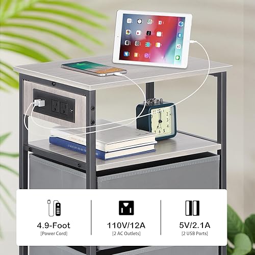 Miniatura 4 de HAITRAL Mesita de noche con estación de carga, mesita de noche con 2 cajones de almacenamiento de tela y estantes de madera, mesita de noche pequeña