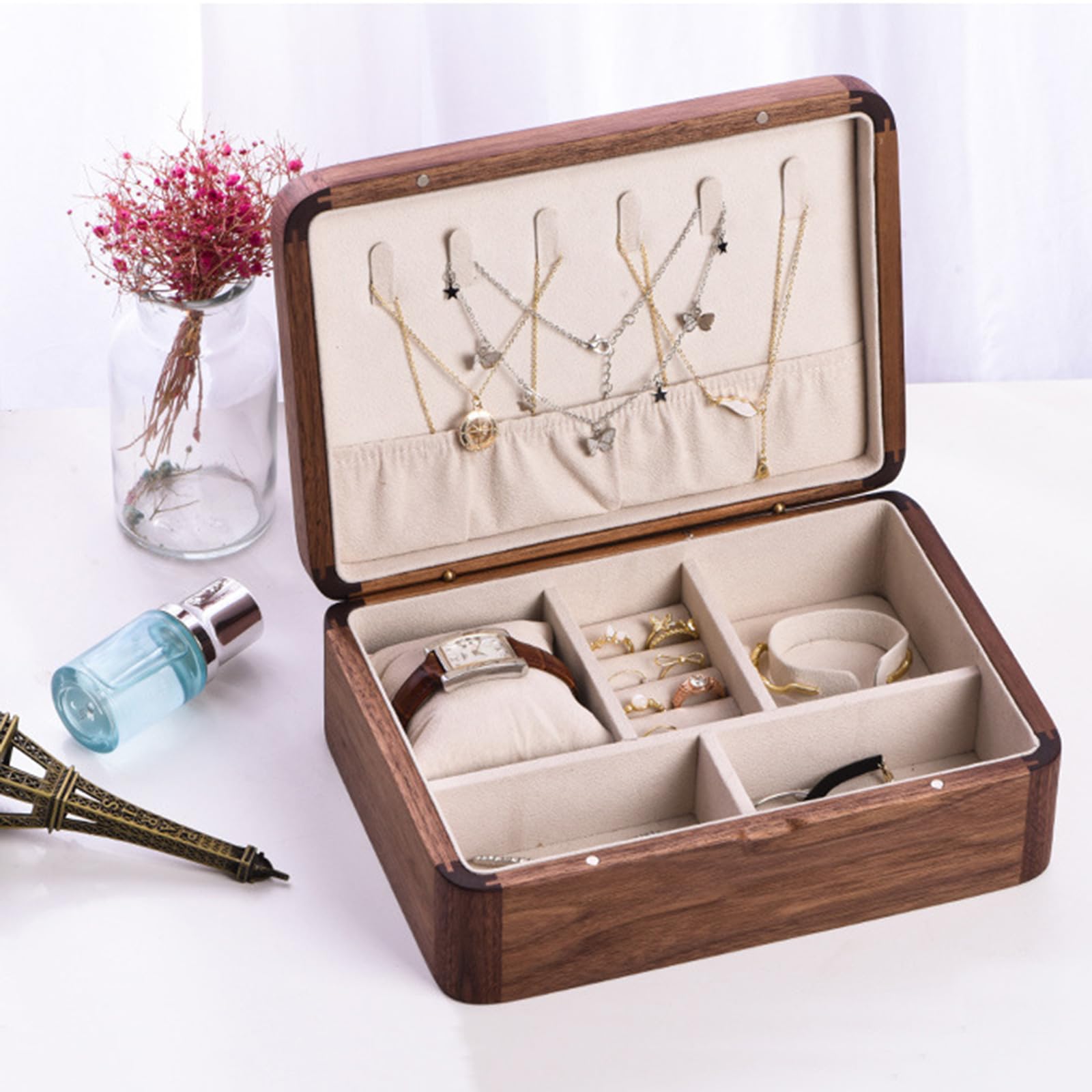 Caja de almacenamiento de joyería de madera resistente a la moda con separadores personalizables, accesorios para el hogar para colección personalizada