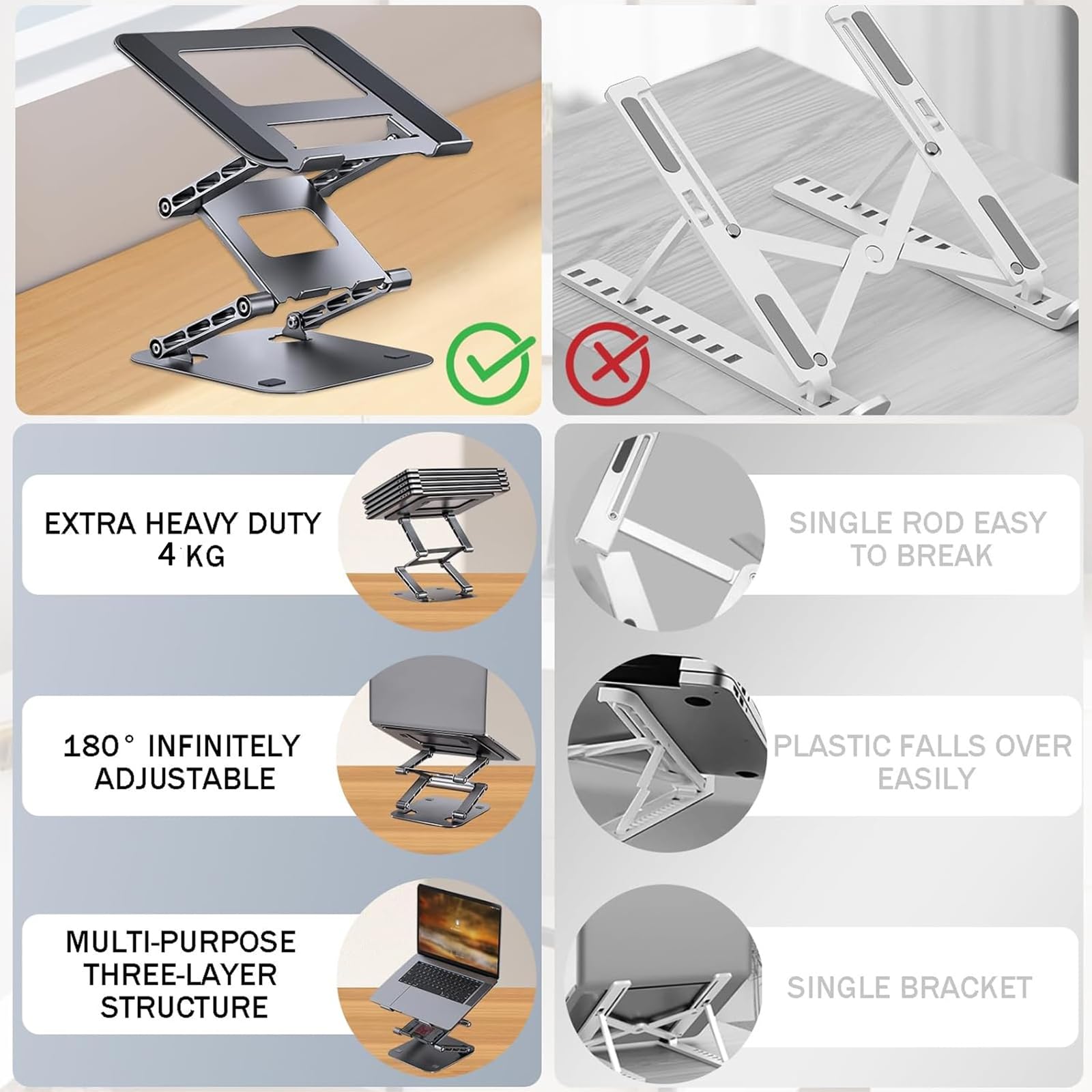 Podstawka na laptopa, ergonomiczna podstawka na laptopa, składana podstawka na laptopa o trzech poziomach, stalowa, wytrzymuje 4 kg, do czytania i łatwego przenoszenia,o przekątnej 10-17,3 cala