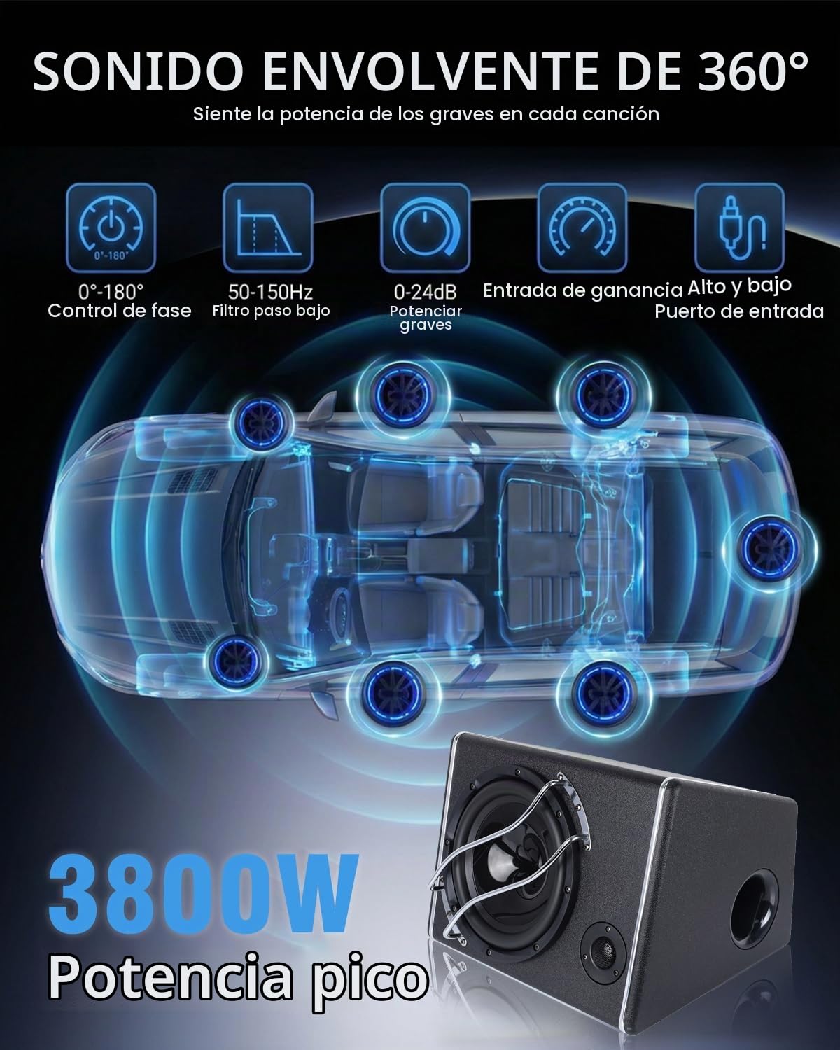 Subwoofer Activo para Maletero 3800W, Amplificador Integrado