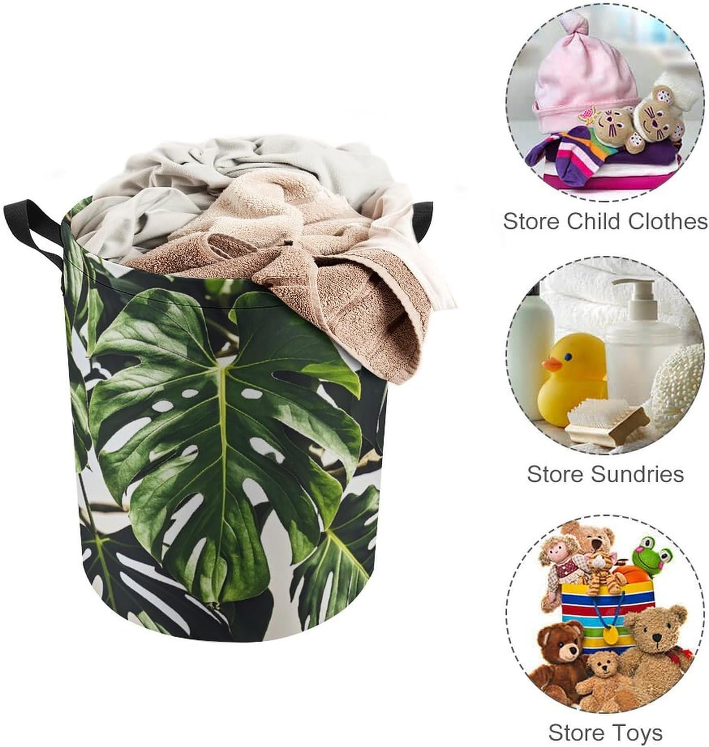Black Green Leaves Laundry Bag Large Collapsible Laundry Baskets Freestanding Waterproof Clothes Hamper with Handles & Drawstring for Laundry Room Bedroom Bathroom