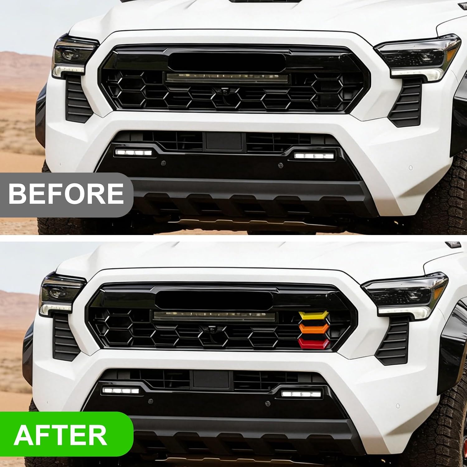 Upgrade Grille Decor Badge Emblem Compatible with 2024 2025 2026 Toyota Tacoma Accessories TRD Pro, Trailhunter Tri-Color Front Grille Insert Trims (Yellow/Orange/Red)