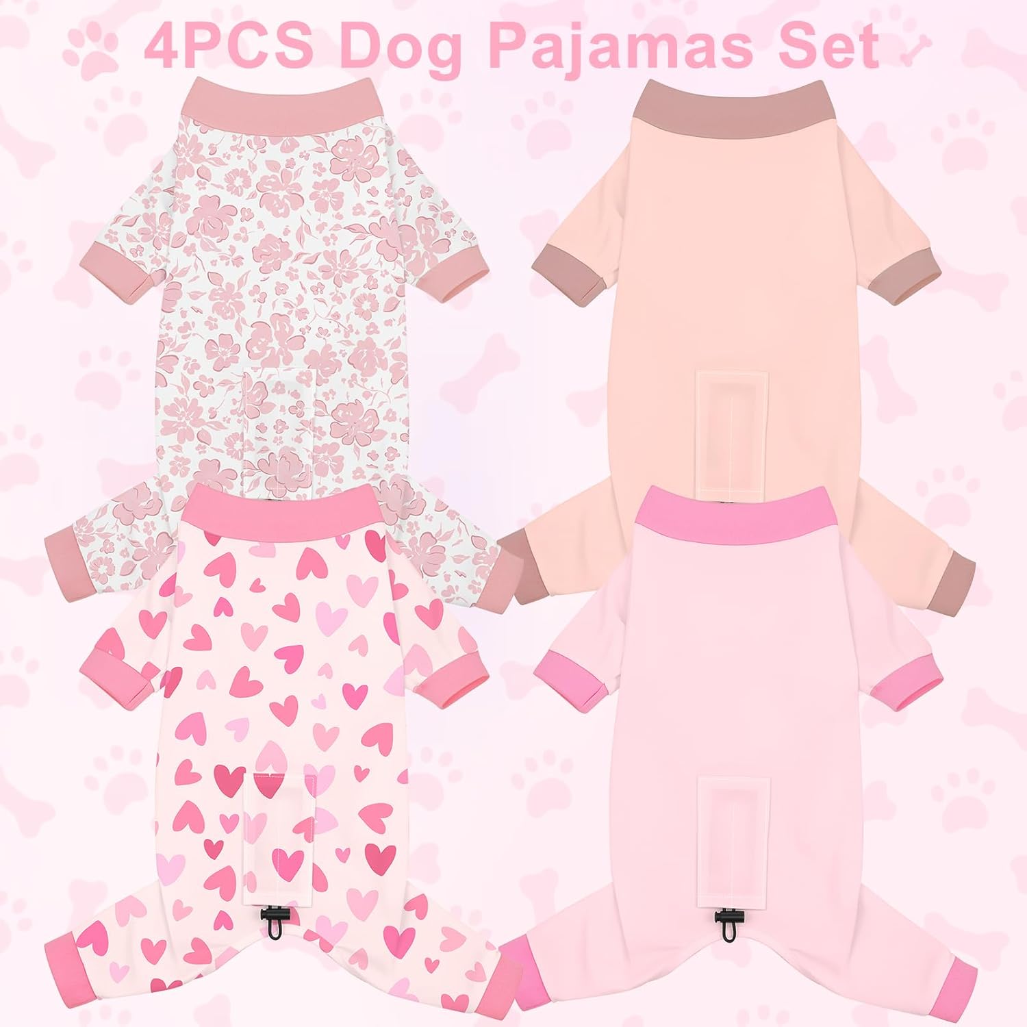 bienbee dog pajamas, 4 pack dog recovery suit shedding suit cute soft puppy clothes dogs pjs onesies jammies adjustable breathable & stretchy clothes for small medium large dogs girl boy puppy-xs pink set x-small