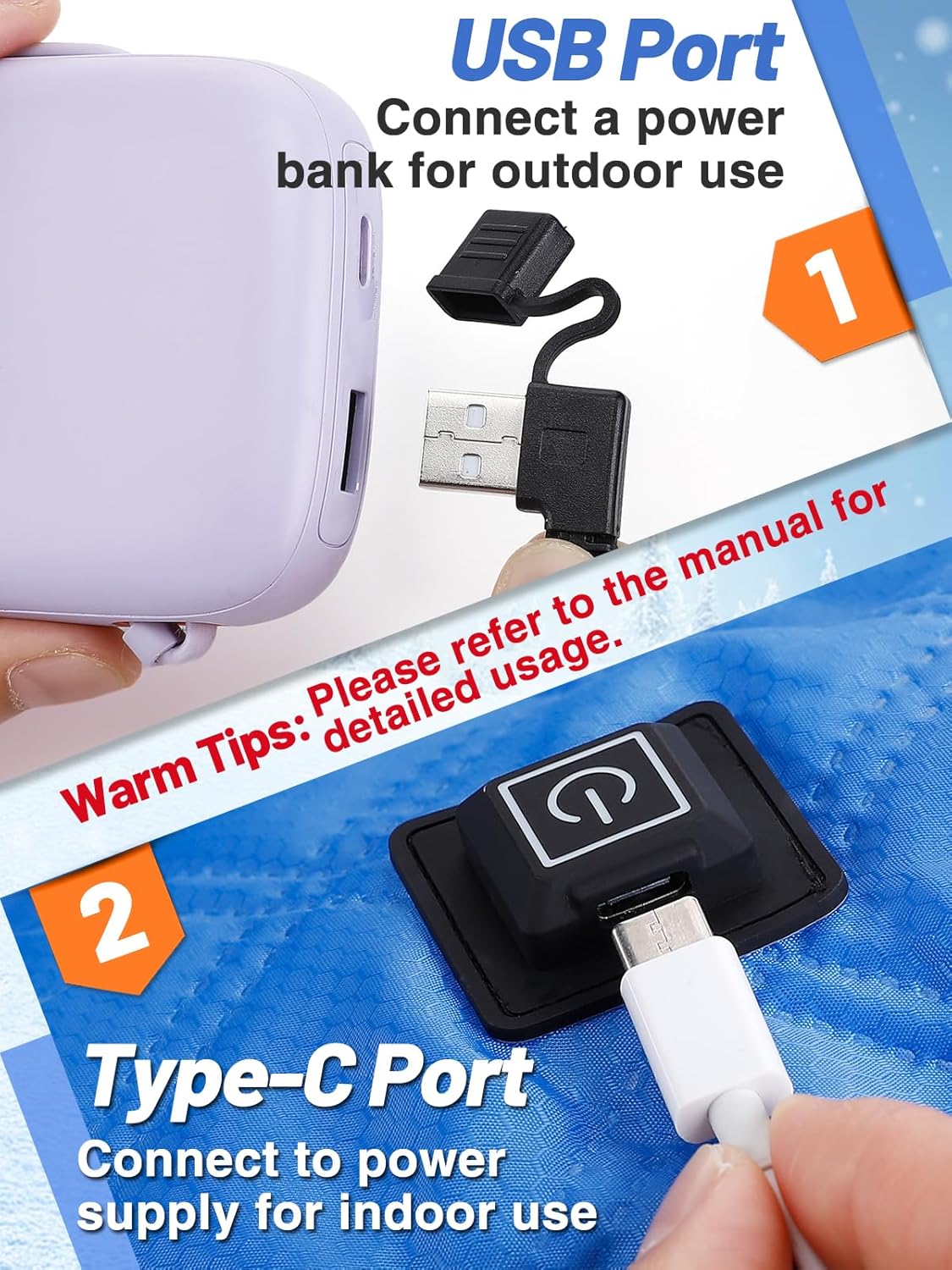 Apipi Portable Heated Blanket - Warm Blanket Type-C & USB for Outdoor Stadium Camping Travel Home, Windproof Waterproof Blanket Wamer, 3 Heat Levels 6 Heating Zones for Christmas Women Gifts, Blue