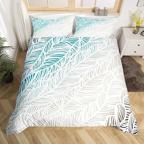 Juego de funda de edredón con estampado de plumas abstractas, tamaño individual, juego de ropa de cama bohemio de 2 piezas para niños, niñas, niños