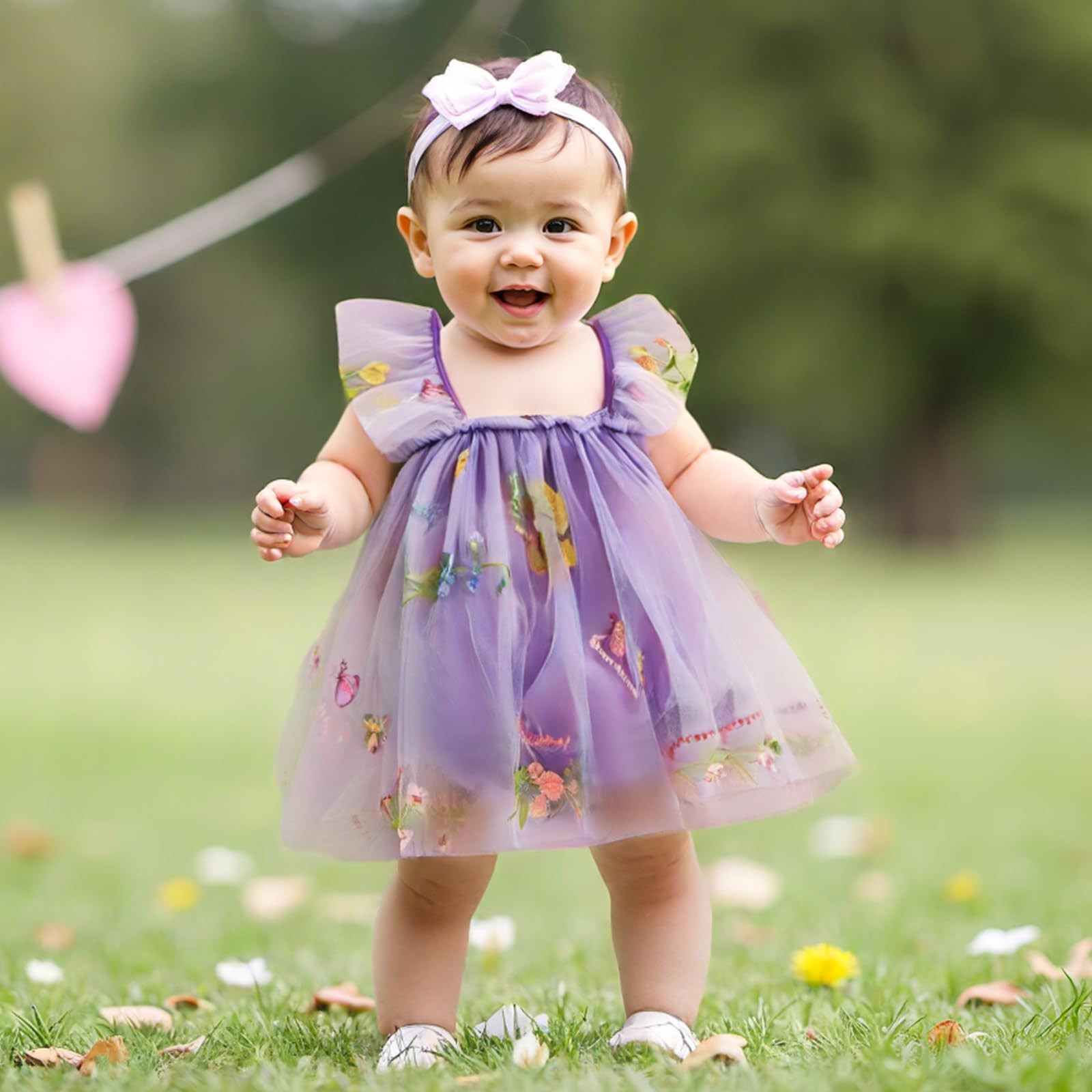 Newborn Baby Girl Butterfly Wings Fairy Dress Ruffle Short Sleeve Lace Mesh Tutu Romper Dress Summer Outfit (Purple, 0-3 Months)