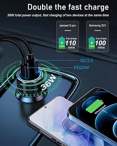 Miniatura 3 de Cargador de coche USB C, paquete de 2, adaptador de encendedor de cigarrillos de 38 W, 12 V, salida USB, PDQC, carga rápida, enchufe para iPhone 16