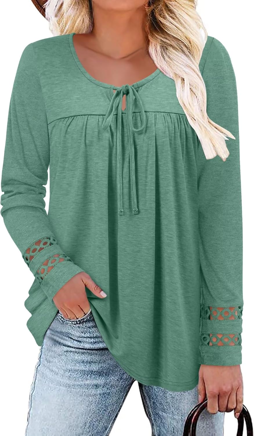 Magritta Womens Long Sleeve Tops 2025 Fall Keyhole-Tie Neck Pleated Tunic Blouses Dressy Casual Business Shirts - Image 2