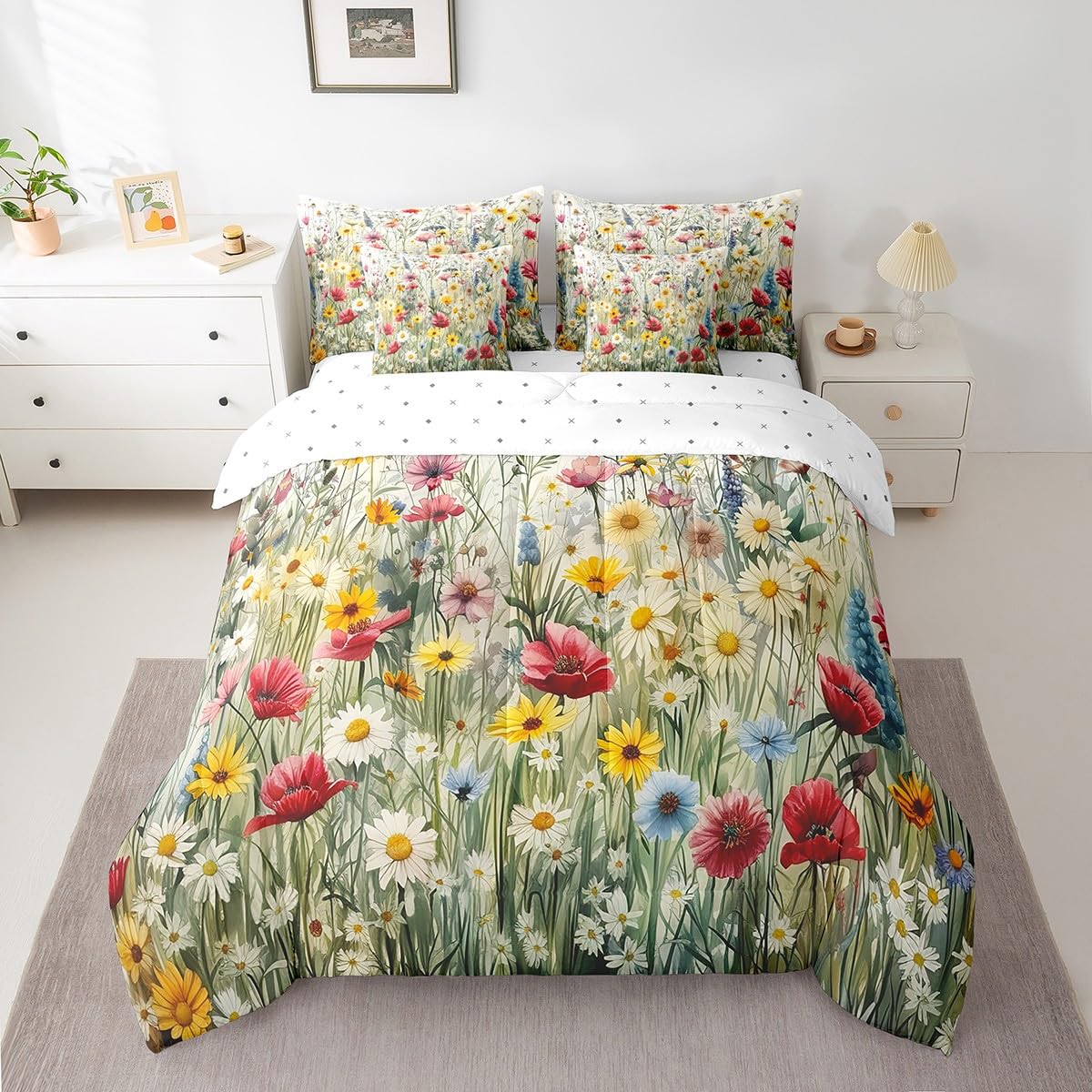 7 Piece Floral Bed in a Bag King Size Nature Botanical Sheet Set for Boys Girls Spring Daisy Print Bedding with Comforter Wildflowers Leaves Plant Print Cushion Covers Butterfly Decor Fitted Sheet