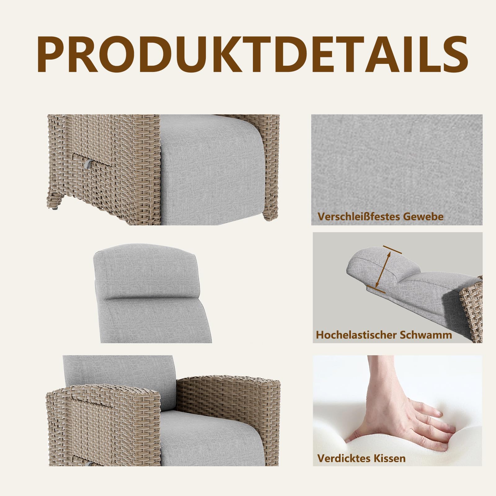 Sedia da Giardino in Rattan, Sedia Sdraio Imbottita da Casa, Portata 200 Kg, Schienale Regolabile a 160°, Tavolino Laterale Integrato, Adatta Per Giardino, Piscina, Balcone (Grigio Marrone, 1pack)