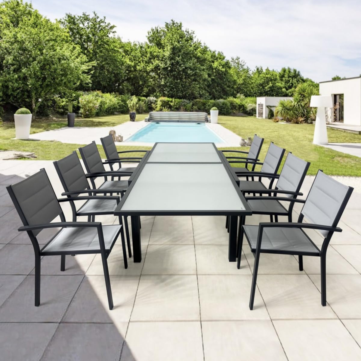 MOMMA HOME Mesa Extensible Jardin Aluminio y Cristal Templado Mesa Comedor Rectangular Extensible de Exterior Al Aire Libre 6-10 Personas Medidas 135/270x90 cm