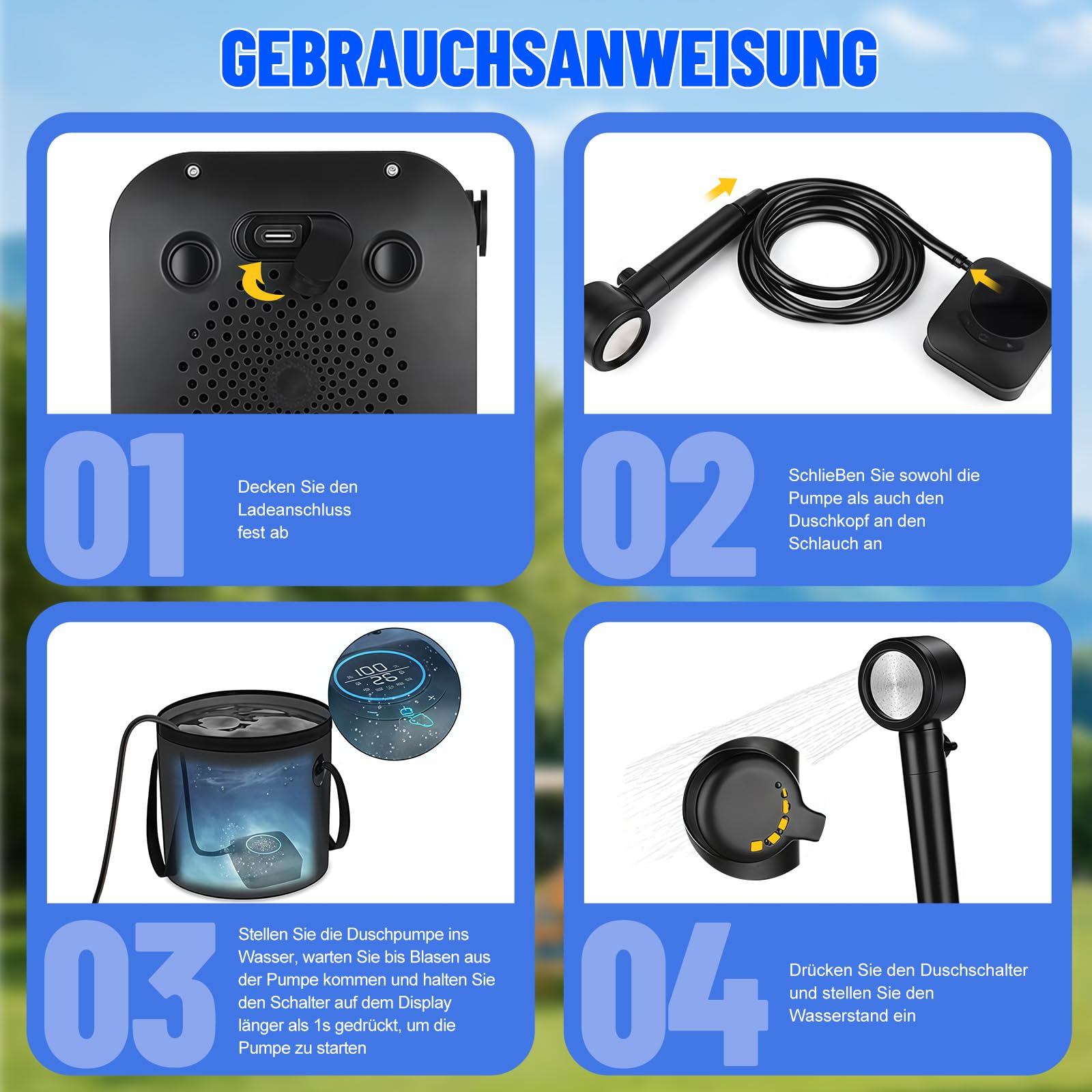 Campingdusche Set mit Heizfunktion, IPX8 Outdoor Dusche 8000mAh Akku-Wasserpumpe mit Smart Display, Duschkopf mit Filter, 2m Schlauch, faltbarer Wasserbehälter, mobile Dusche für Camping & Wohnmobil
