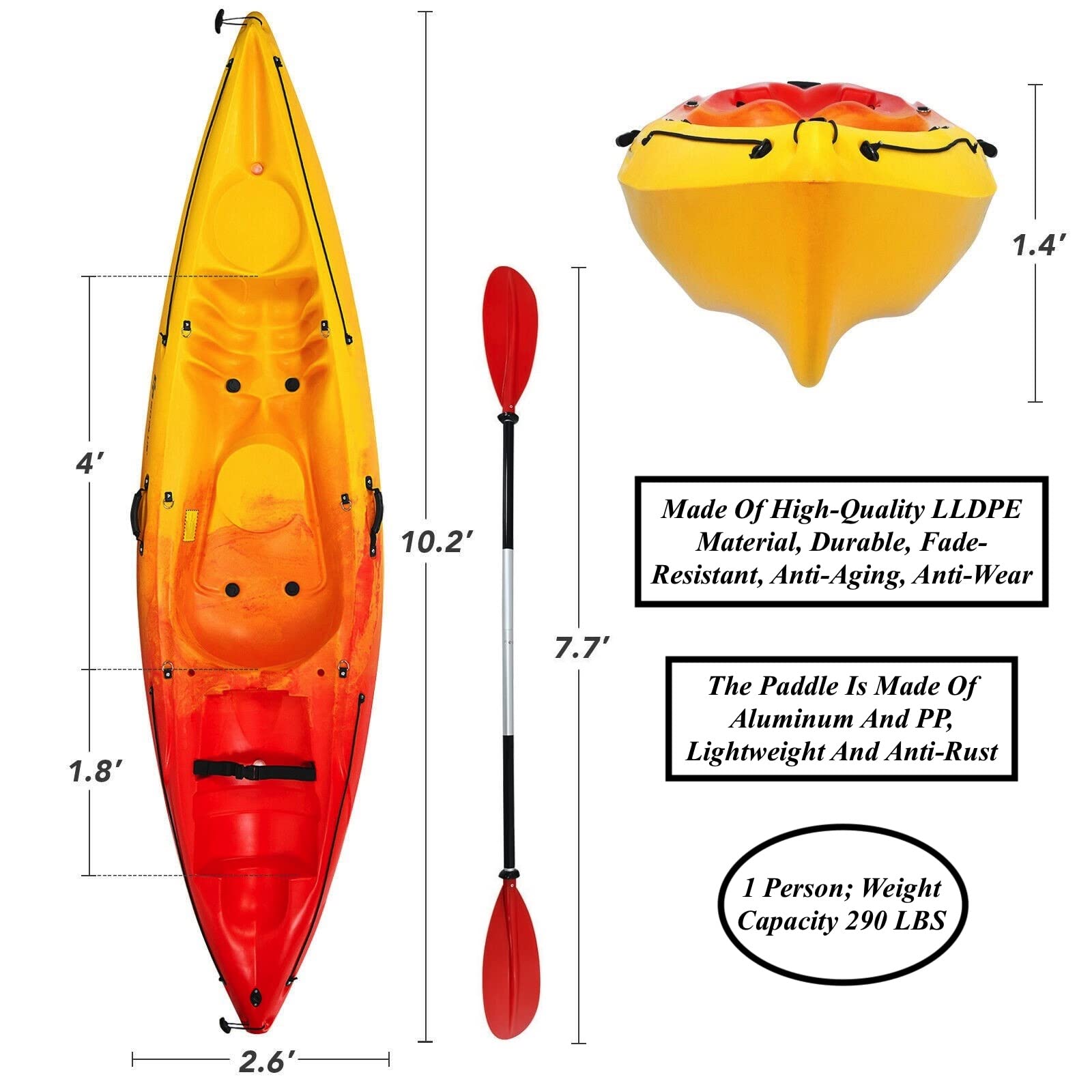 1 Person Sit-on-Top Kayak Boat Detachable Adjustable Paddle Rubber Plugs Drainage Holes 4 Carrying Handles Large Backrest 4-Position Footrest Perfect for Sightseeing Touring Fishing Or Boat Racing