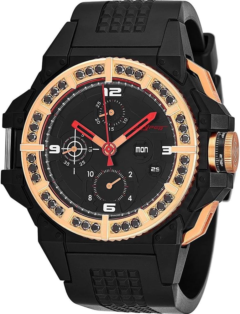 Snyper 'One M Bicolor' Black Stainless Steel Chronograph Automatic Watches for Men Swiss Made - 43mm Analog Black Face with Day Date Sapphire Crystal Mens Rose Gold Black Diamonds Watch 10.425.00