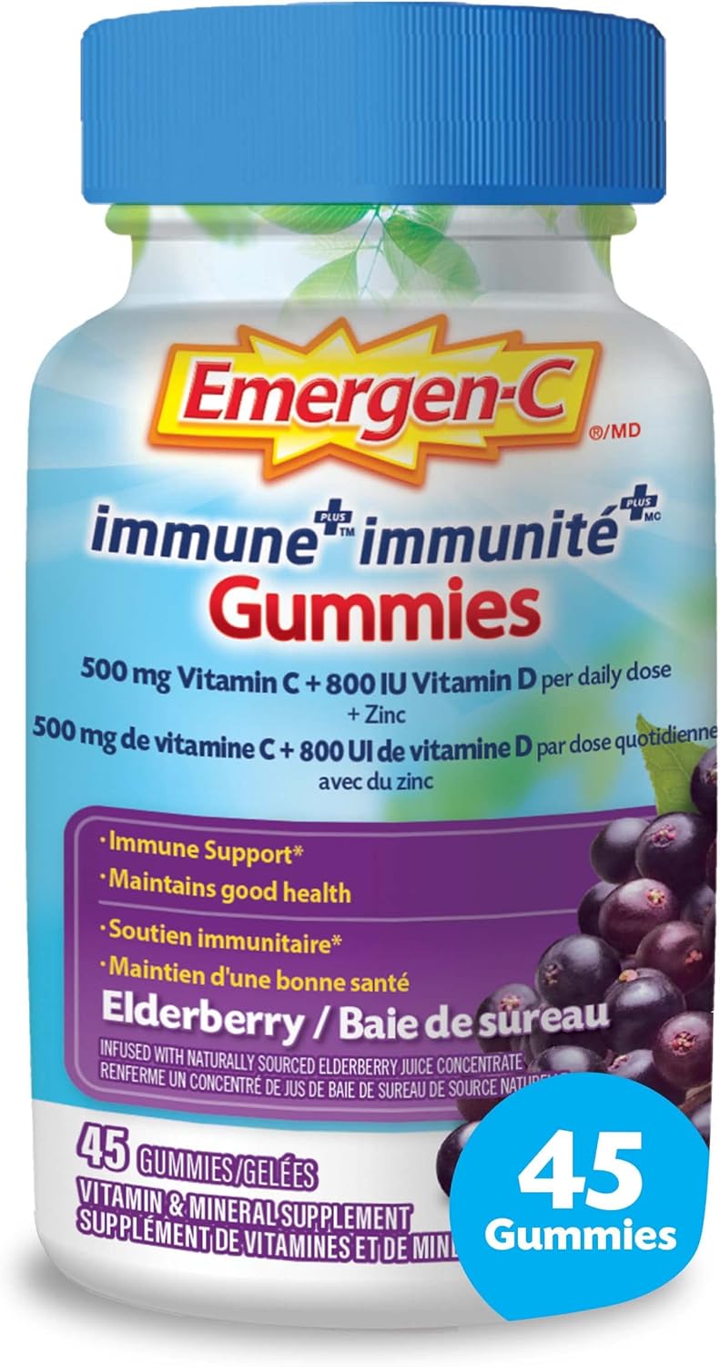 Emergen-C Immune+ 500mg Vitamin C Gummies Supplement, Immune System Booster, Elderberry, 45 Gummies