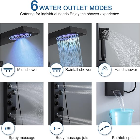 Thermostatic Shower Tower Panel System - 6 Modes Shower Column with LED Rain＆Mist, 4 Massage Body Jets, Handset and Bath Spout, Stainless Steel, Matt Black