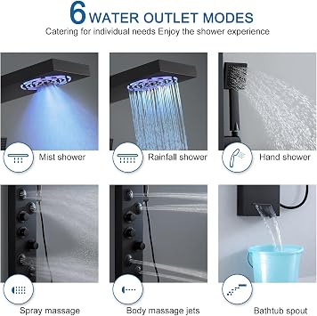 Thermostatic Shower Tower Panel System - 6 Modes Shower Column with LED Rain＆Mist, 4 Massage Body Jets, Handset and Bath Spout, Stainless Steel, Matt Black