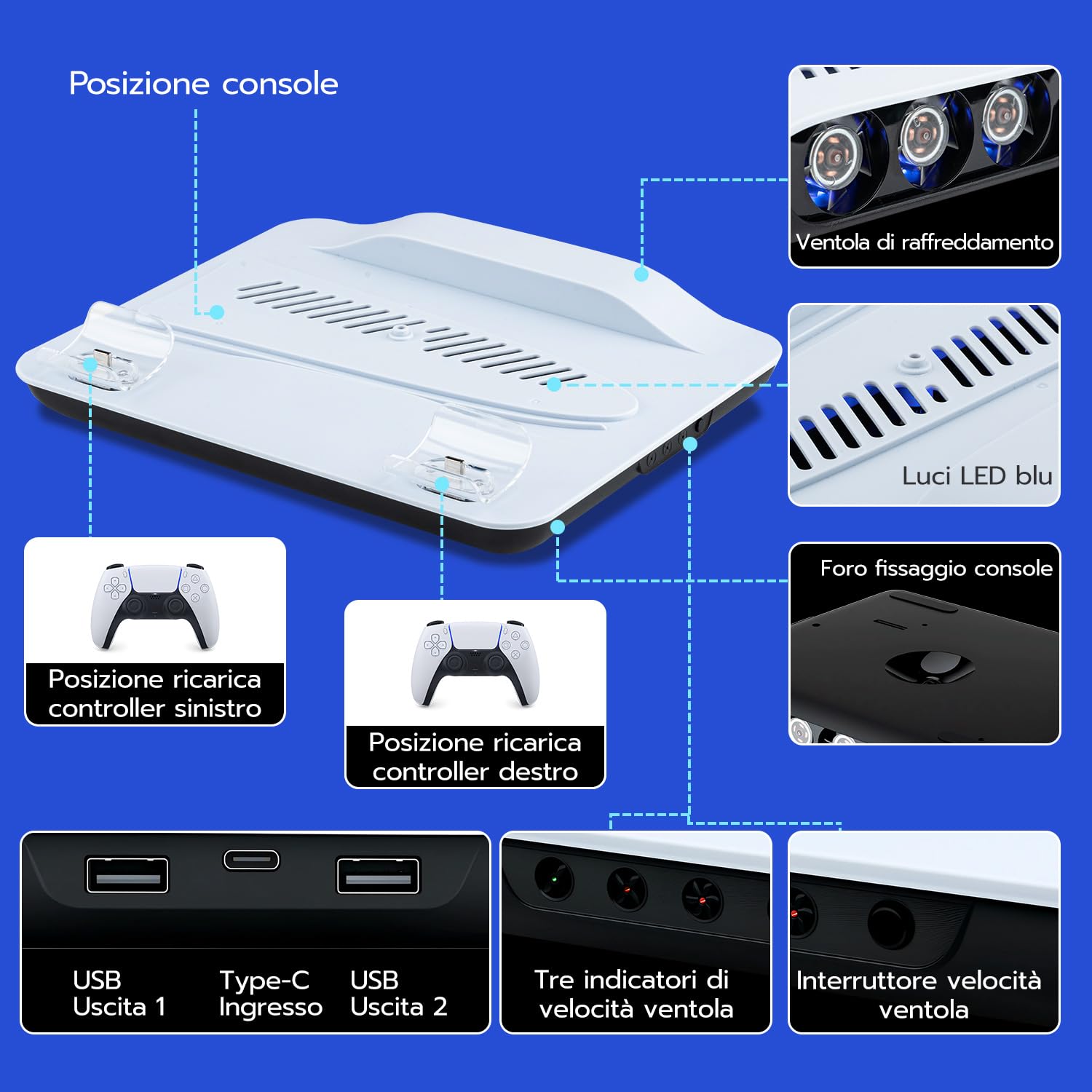 Mcbazel Supporto di Raffreddamento con Dock di Ricarica per Console PS5/PS5 Slim/PS5 Pro, Ventole a Velocità Multipla con Luci LED, Caricatore Doppio per Controller, Base per Edizione Disc/Digitale