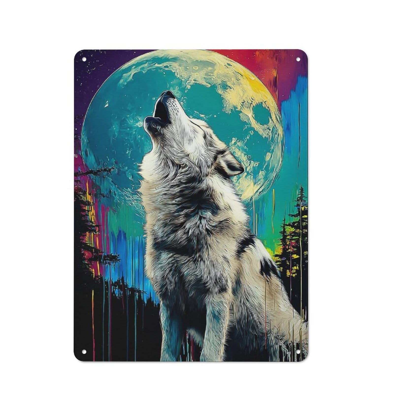 Junmoney Howling Wolf Under Moonlit Sky -3 Retro Metal Plaque 40X30cm For Café Or Home Bar, With Clear Retro Wall Decor Character