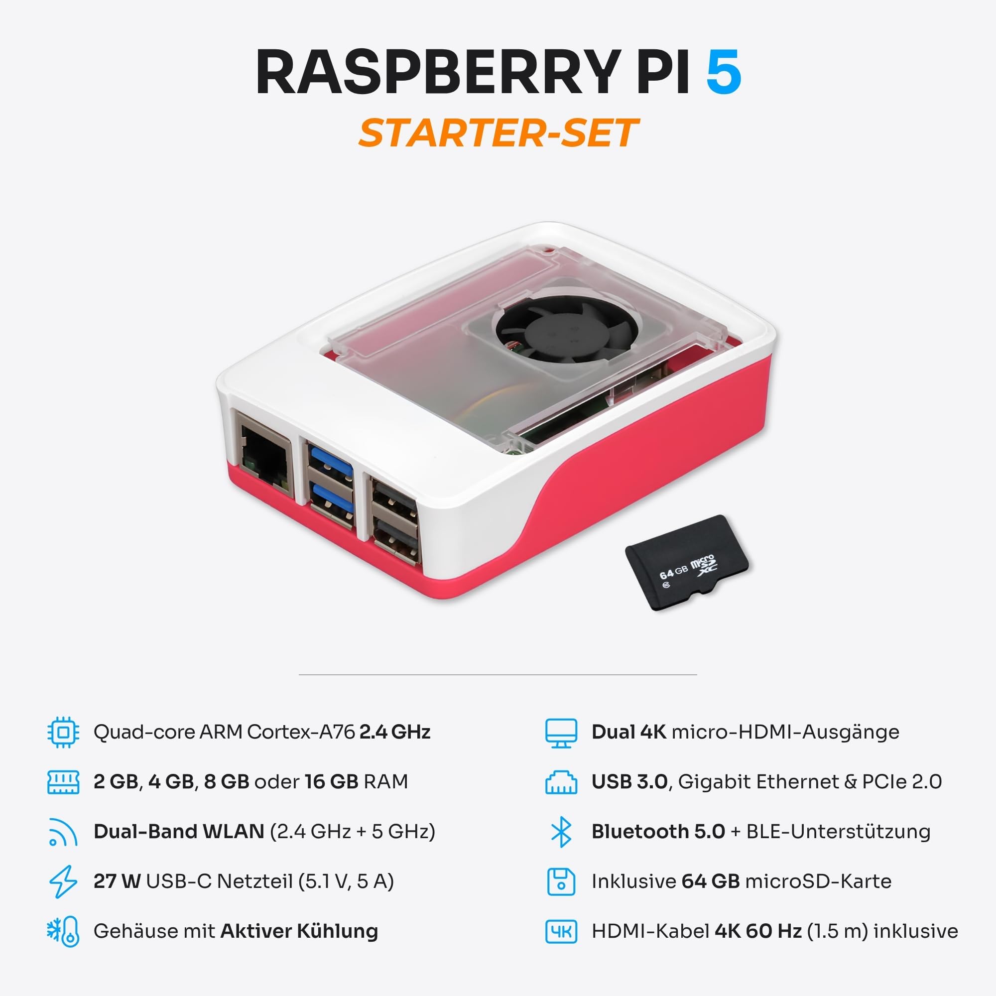 Starter-Set für Raspberry Pi 5 4 GB | 64 GB MicroSD-Karte | 27 W Netzteil | Gehäuse mit integriertem Lüfter und Kühlkörper | 4K 60 Hz Micro-HDMI-Kabel