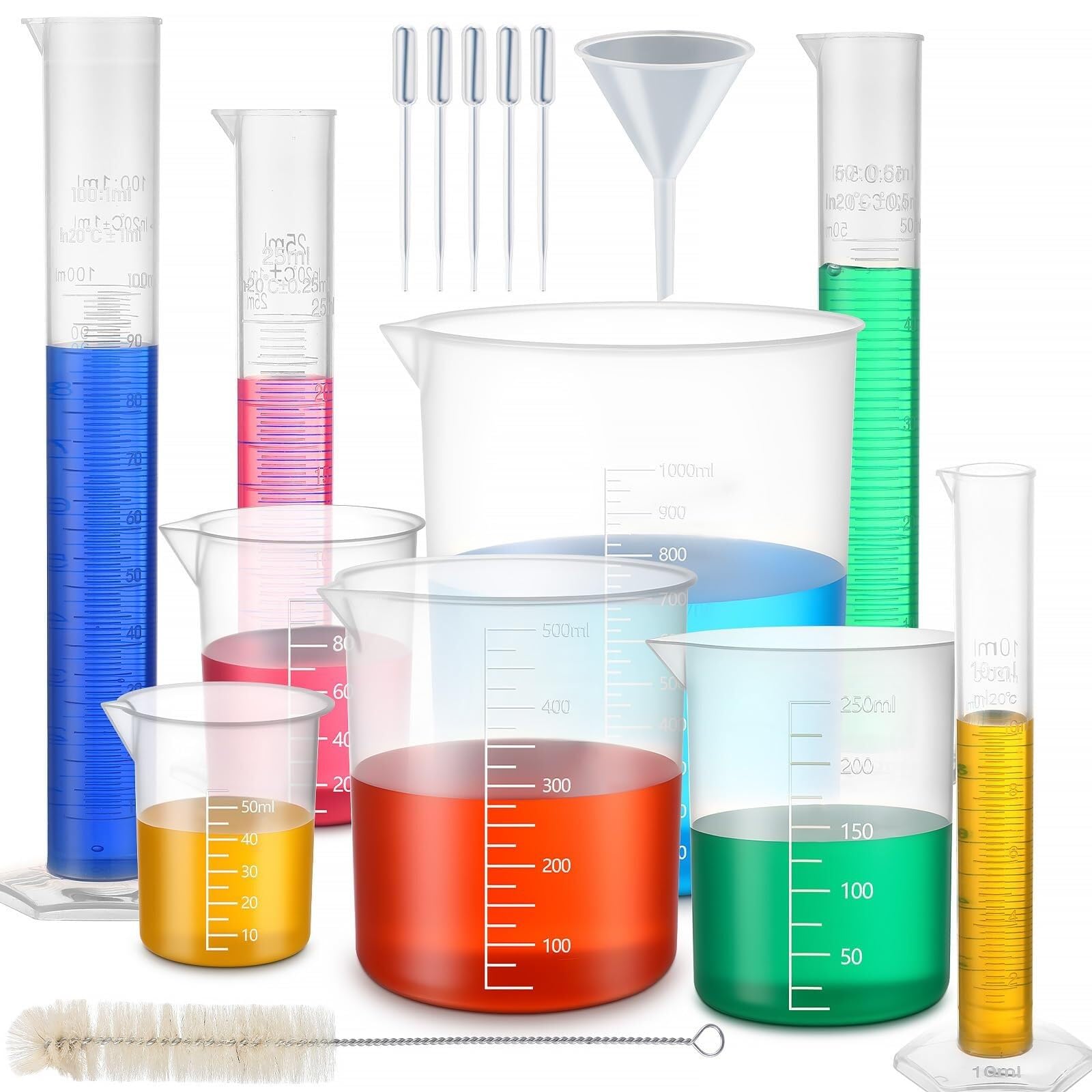 Set da 16 Cilindri Graduati e Becher in Plastica - Kit di Laboratorio Completo per Esperimenti Scientifici