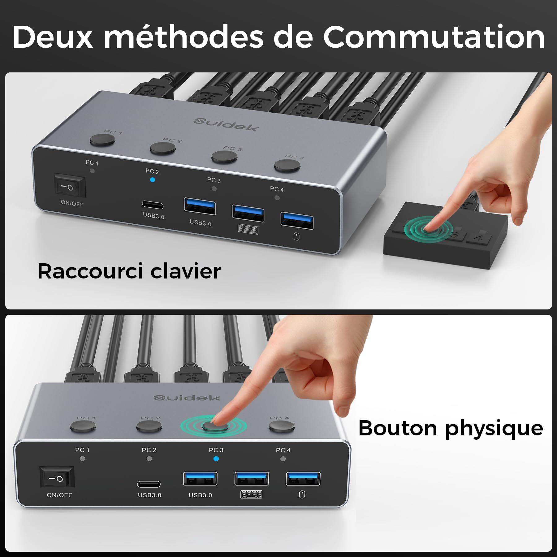 SUIDEK Commutateur KVM HDMI 8K@60Hz, 4 ordinateurs, 1 moniteur,4 ports USB 3.0 (3 A + 1C) Commutateurs KVM en aluminium, clavier et souris,Comprend 4 câbles USB, un contrôleur et un adaptateur secteur