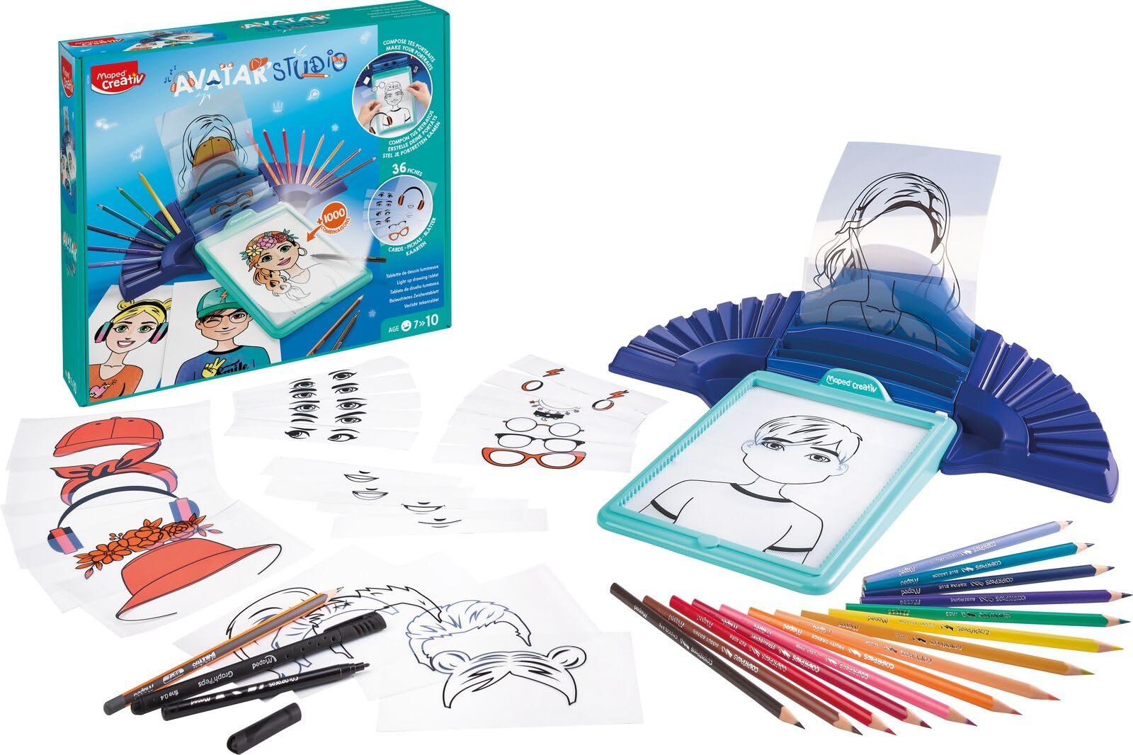 Maped Avatar Estudio Caja de Luz Creativa - Set de Manualidades para Niños con Luz LED y 36 Plantillas para Calcar y Colorear - Fomenta la Motricidad y Creatividad - Ideal para Dibujar Avatares