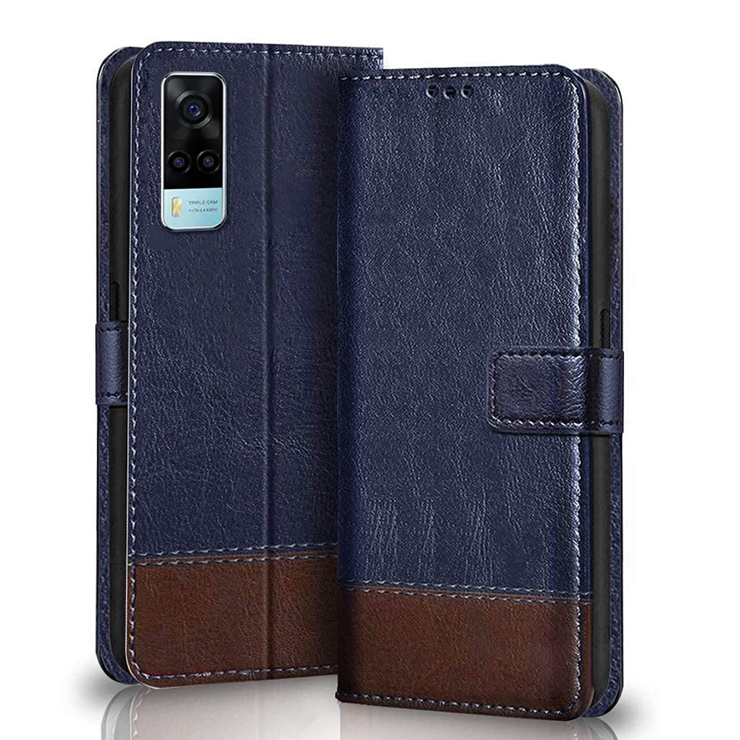 Winkel Premium Vegan Leather Dual Flip Magnetic Mobile Cover Case | Kickstand & Card Holder | 360 Degree Grip Protection| Wallet Type with Magnetic Closure for VIVO Y53s 5G -(Blue with Brown) (B09MFPVGX9) Amazon Price History, Amazon Price Tracker
