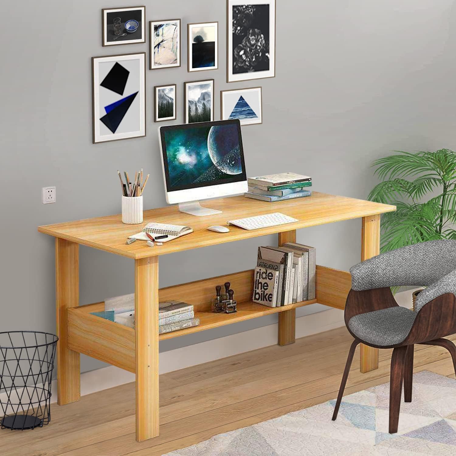 Lukzer Engineered Wood Computer Desk with One Tier Shelves Laptop Study Table for Office Home Workstation Writing Modern Desk (ST-005 / Light Oak / 110 x 55 x 77cm)