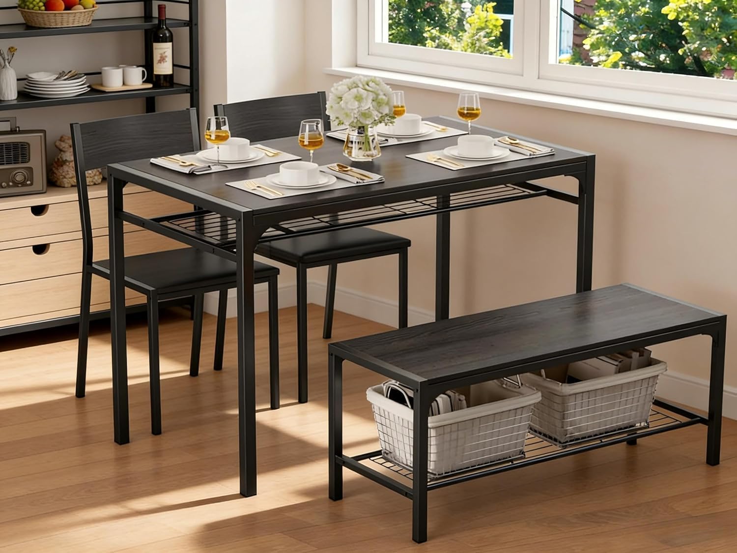 Gizoon Kitchen Table and 2 Chairs for 4 with Bench, 4 Piece Dining Table Set for Small Space, Apartment, Black