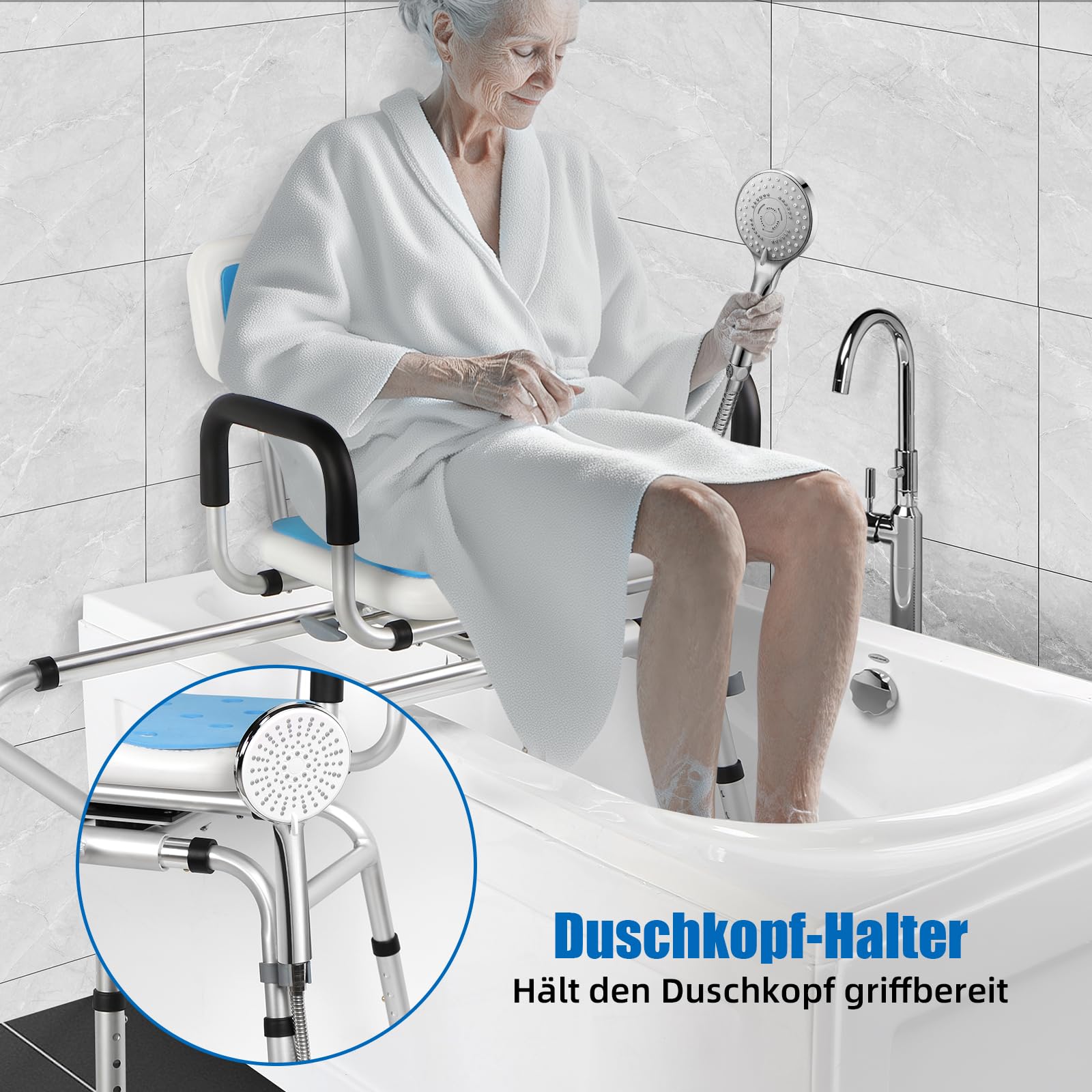 360°Drehbarer und Gleitbarer Duschhocker für Senioren,Duschhocker & Badewannen-Transferbank mit Drehsitz & Gleitfunktion-Höhenverstellbar, Gepolsterte Armlehnen & rutschfeste Füße (180 kg)