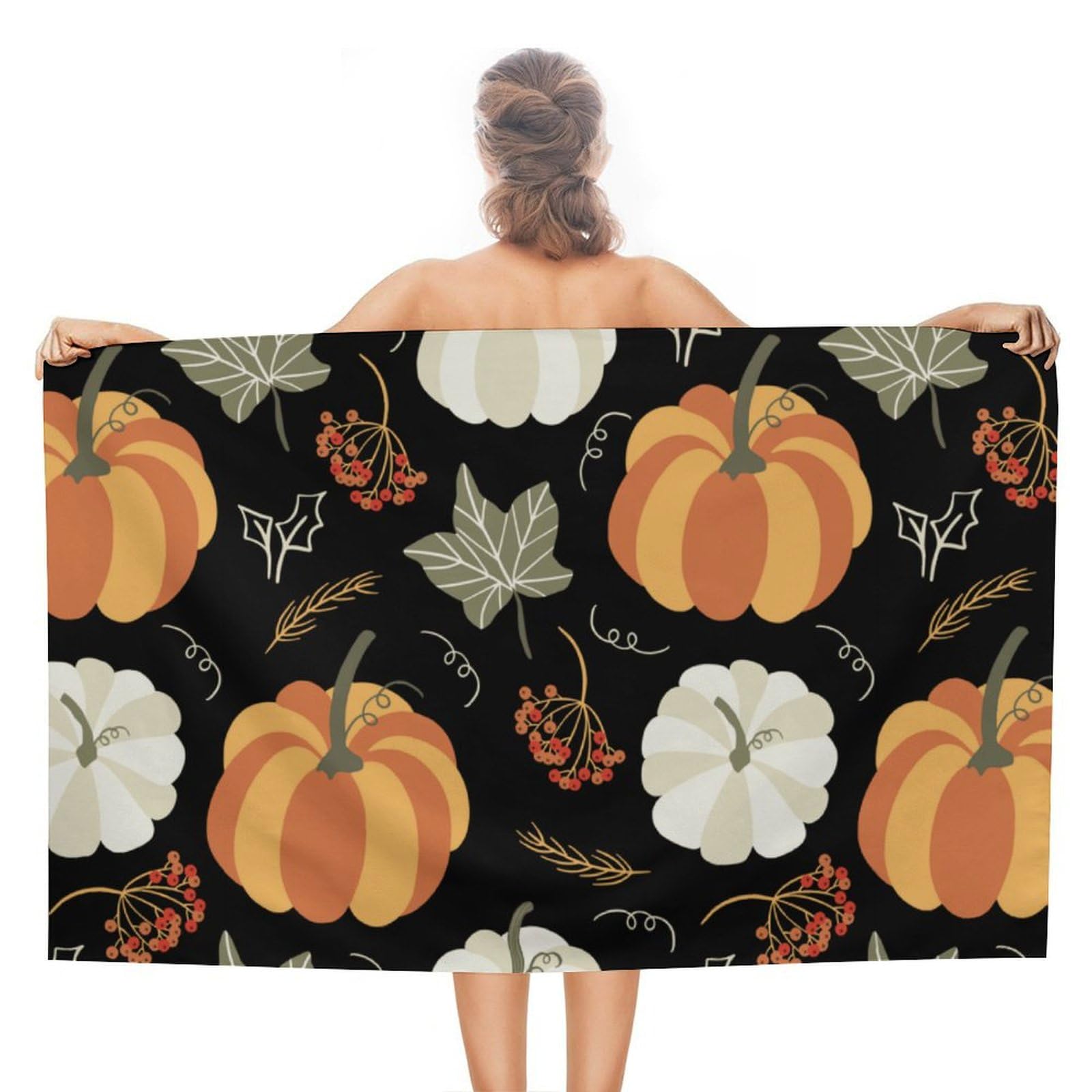 LEDFCVSU Beach Towel, Autumn Pumpkin Leaves Bath Towel, Absorbent Towel for Swimming, Sports, Travel