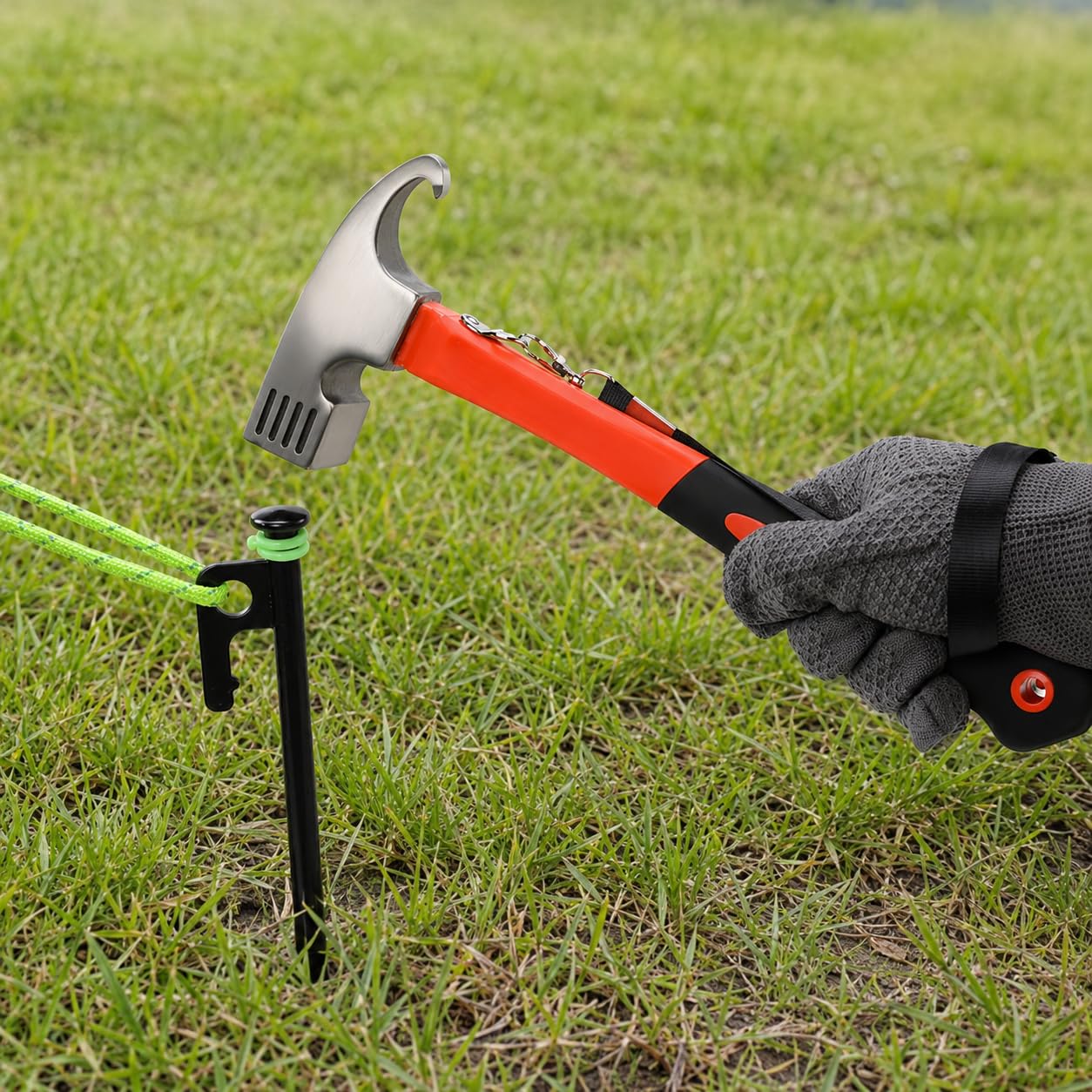 Zeltbefestigungsset sturmsicher für Camping, Zeltheringe Set & Abspannseile, für Zeltzubehör, Set mit 8X 20cm Heringen, 8X reflektierenden Seilen, orangefarbenem Hammer und Zubehör