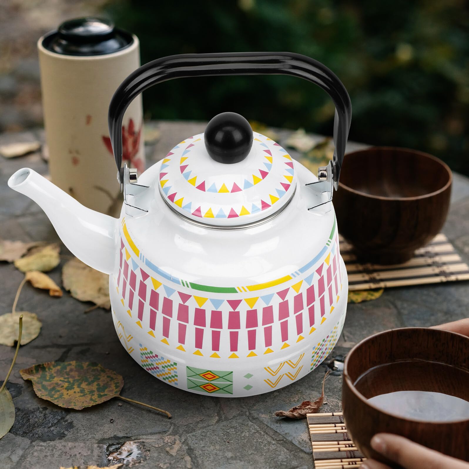 Bollitore da Cucina Smaltato 1,7l Bianco Design Geometrico, Pentola per Bollire Acqua Compatibile Piani Induzione, Teiera Domestica Manico Ergonomico per Uso Quotidiano