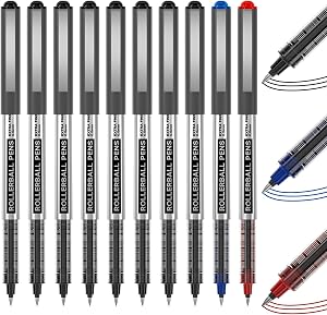 Shuttle Art Rollerball Pens, 10 Pack(8 black 1 blue 1 red) Liquid Ink Pens, 0.5mm Extra Fine Point, Quick Drying for Writing Journaling Taking Notes School Office