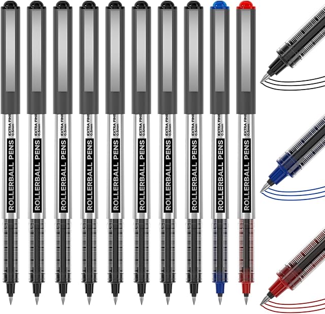 Shuttle Art Rollerball Stylos, 10 Boîte(8 noir 1 bleu 1 stylos à encre liquide, 0.5mm Point Extra Fin, Séchage rapide pour écrire Journalage Prendre des notes Bureau de l'école