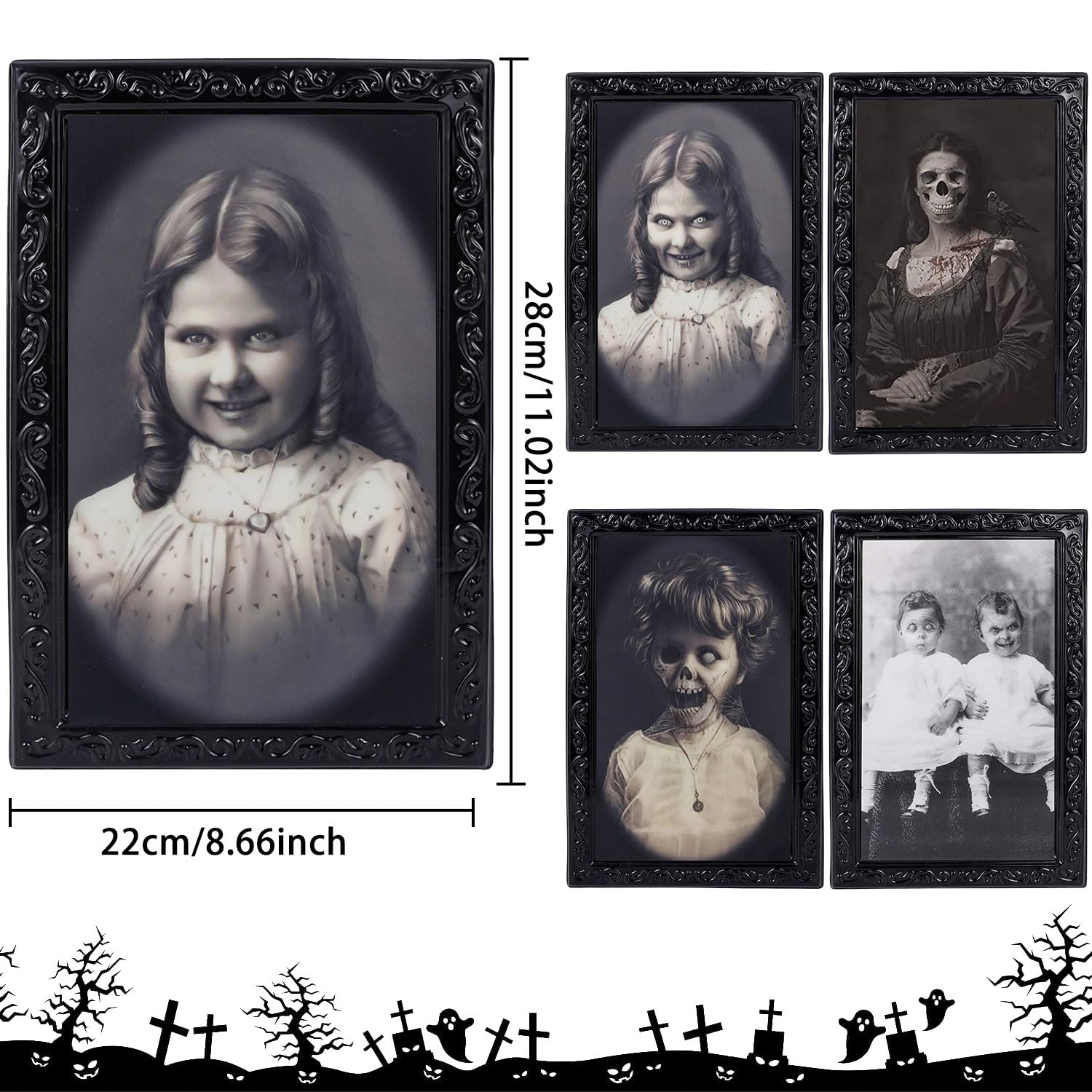 4 Pièces Décoration Halloween Effrayante - Portrait 3D Holographique Visage Changeant Cadre Photo Murale Hantée 38x25cm