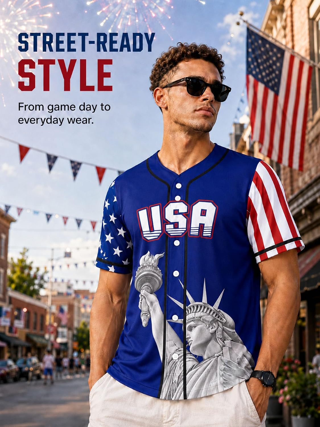 250th Anniversary USA Patriotic Baseball Jersey for Men American Flag Shirt 4th of July Outfits Red White Blue S-3XL