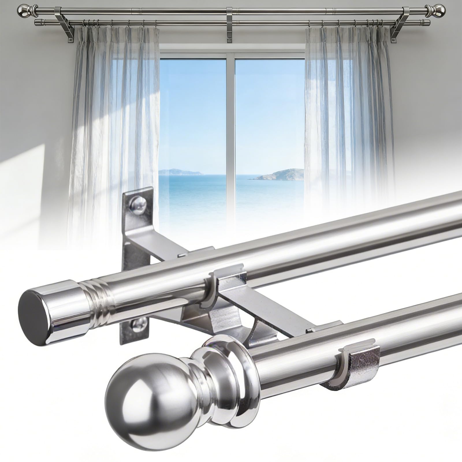 Double Curtain Poles, 2.5 cm Heavy Duty Double Window Rods 76-366 cm Adjustable Curtain Poles for Sliding Glass Door, Patio, Bedroom, Silver