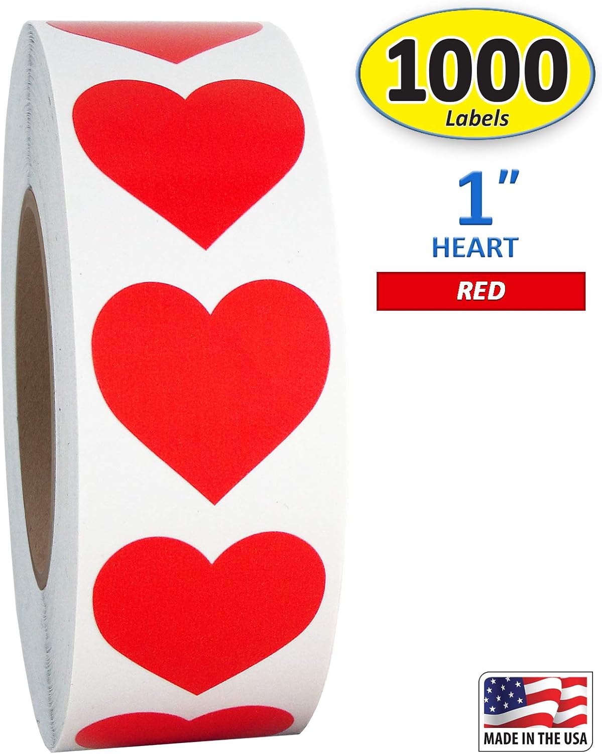Red Heart Shaped Sticker Labels, 1" Diameter, 1000 per Roll, 1 inch