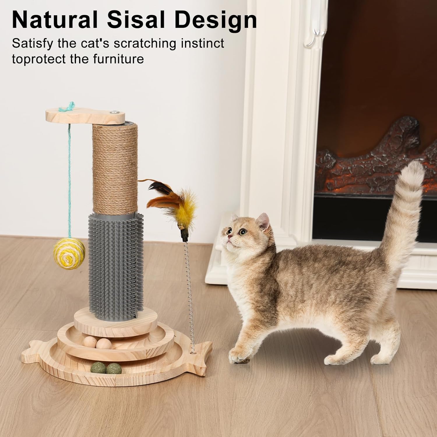 review Cat Scratching Post, Vertical Cat Scratchers for Indoor Cats, Premium Sisal Cat Scratching Posts with Track, Hanging Ball, Interactive Cat Toy Scratch Post for Kittens Cats, 16 Inch