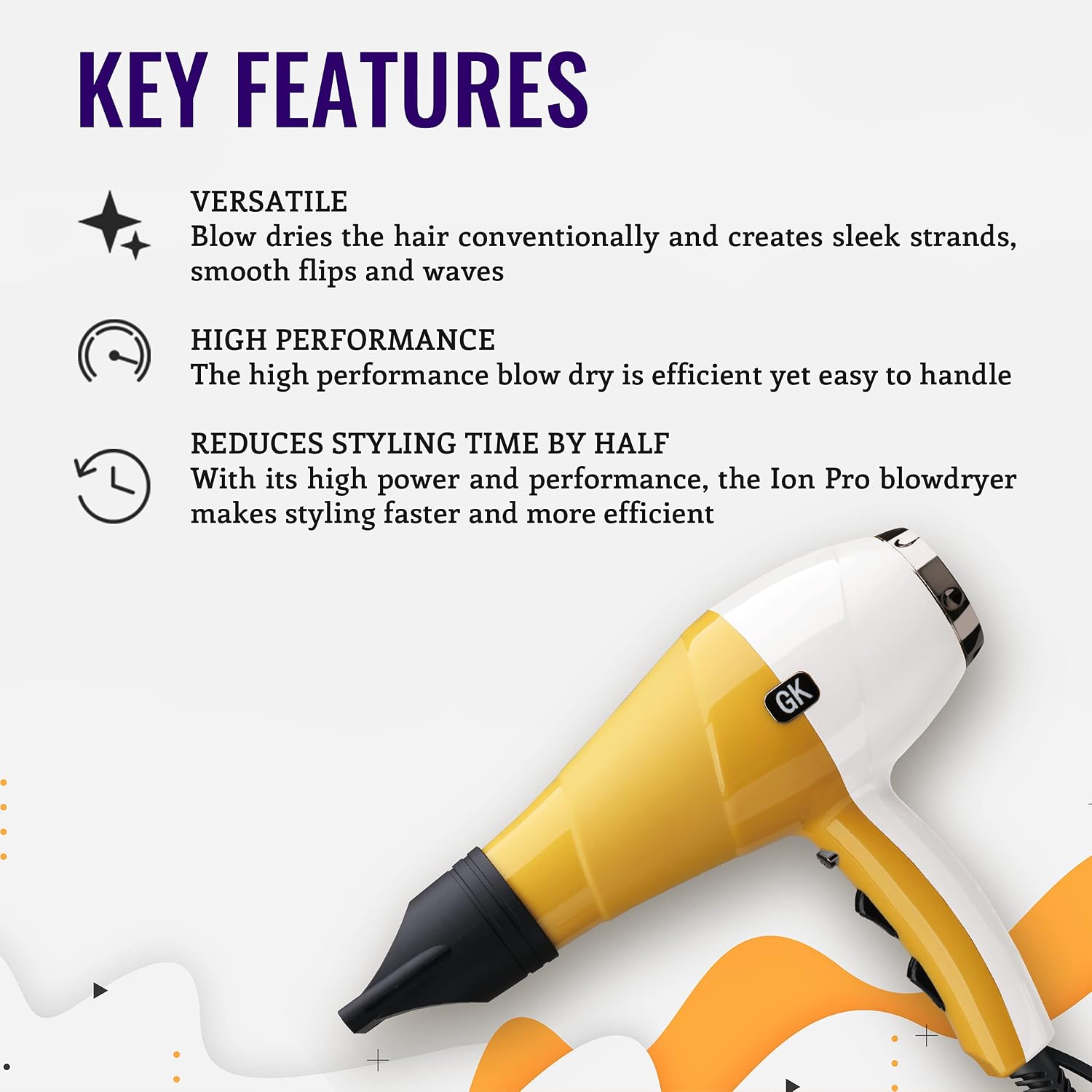 GKhair Ion Pro Blow Dryer Professional Salon Grade 2 Speed & 3 Heat Settings, Cool Shot Function Blowdry Hairdryer for All Hair Types US Plug 1875W