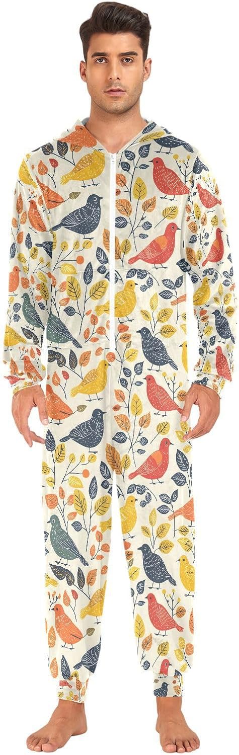 Autumn Bird Foliage Pattern Adult Onesie Pajamas Novelty One Piece Costume Sleepwear Jumpsuits Matching PJS